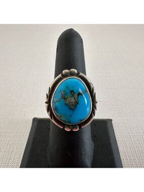 1970s Navajo Sterling Silver Turquoise Ring Shadowbox Bezel Size 7.5